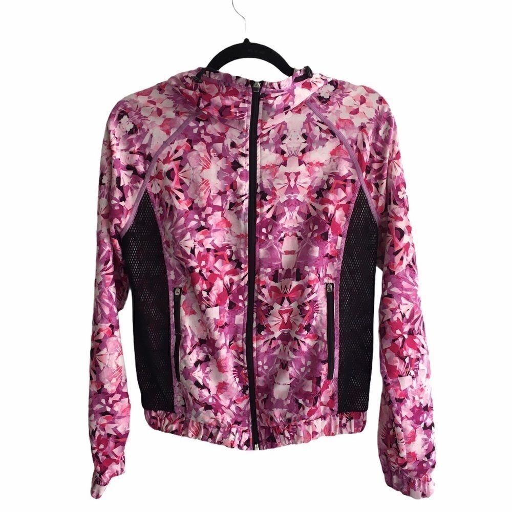 CHAMPION Lightweight Zip Track Jacket Hood Floral Print Pink Purple XS